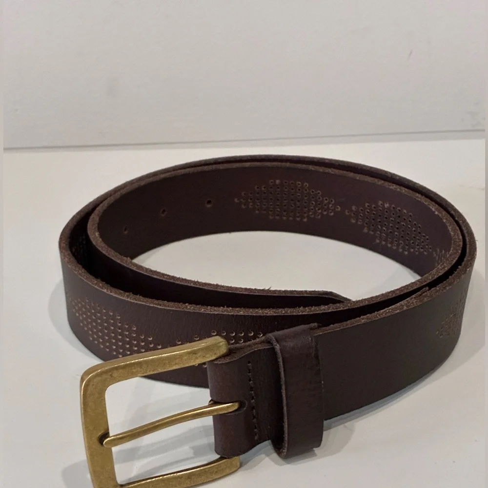Lucky Brand Brown Leather Belt 32 Brass Buckle Perforated Design